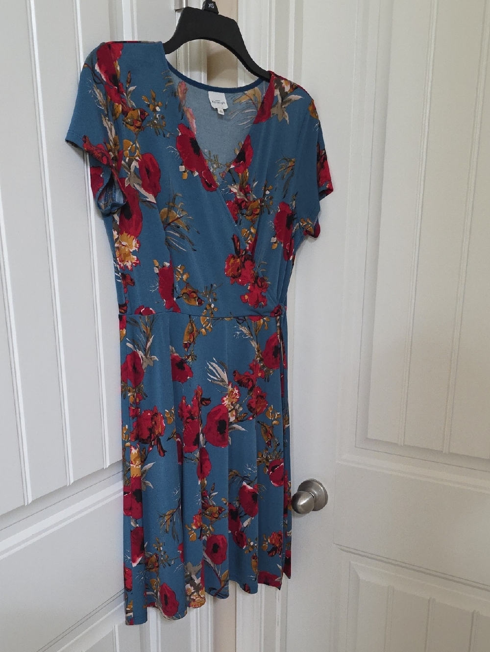Kaileigh Blue Midi Dress with Red Floral Print